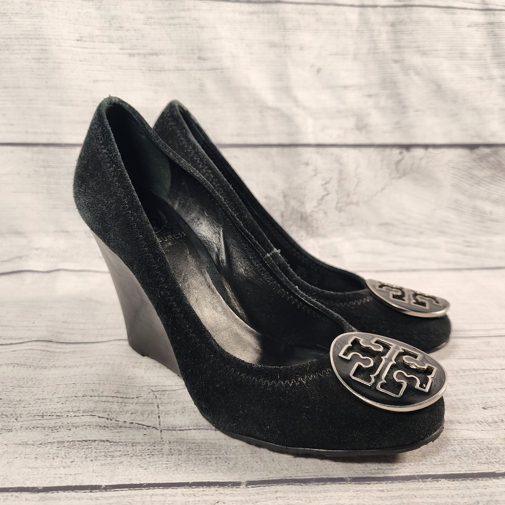 Tory Burch Sophie Size 5M Black Suede Wedge Pumps Silver Logo Medallion